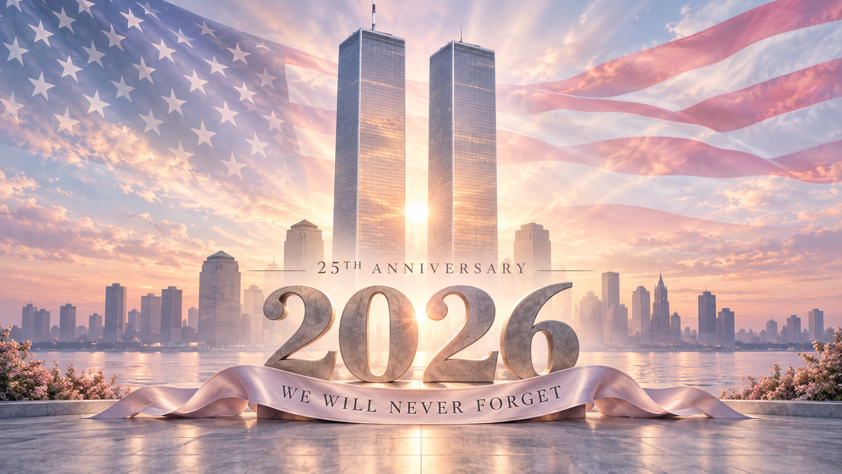 25th anniversary September 11 memorial artwork with the Twin Towers, American flag, 2026, and We Will Never Forget ribbon