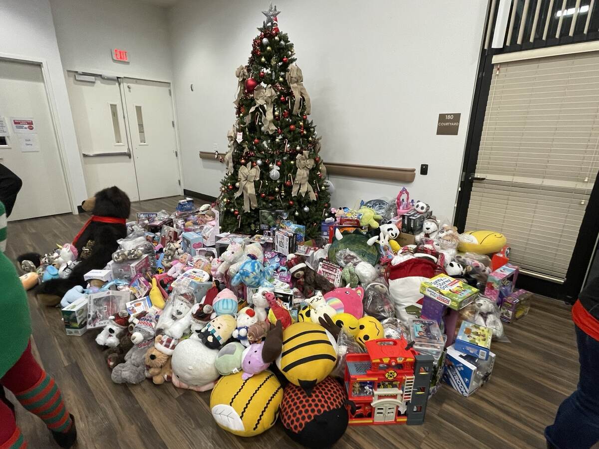 New toys and stuffed animals surrounding a Christmas tree for hospice children and siblings
