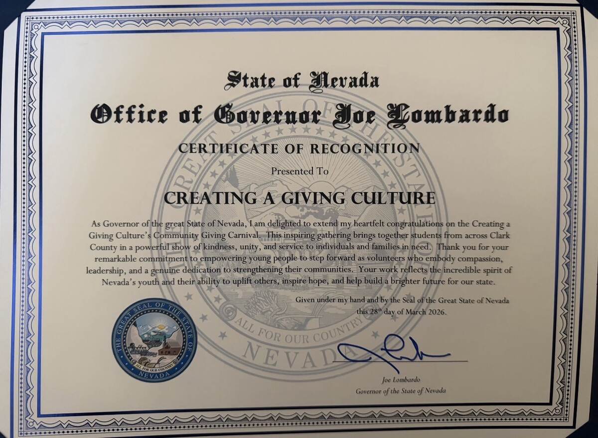 State of Nevada Certificate of Recognition presented to Creating a Giving Culture