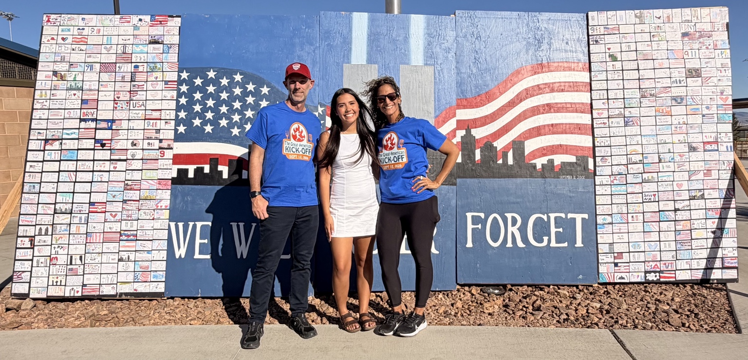 Aiyana Castro with Great American Kickoff organizers in front of the Las Vegas 9/11 Remembrance Wall