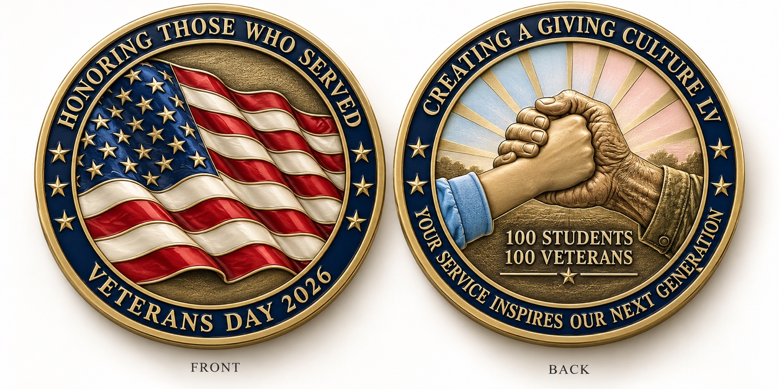 Front and back of the proposed Veterans Day 2026 challenge coin, featuring an American flag and a student’s hand clasping a veteran’s hand